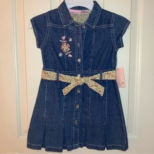 Sweet Heart Blue Denim Embroidered Floral Belted Dress ~ Girl's Size 4